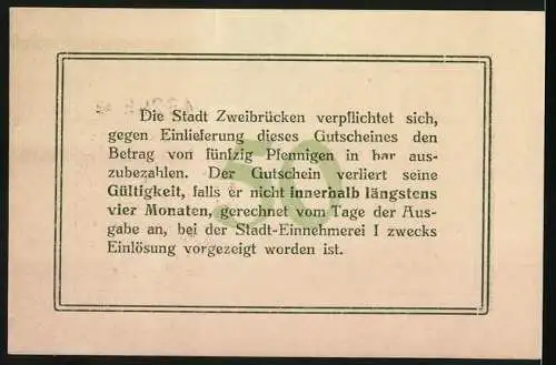 Notgeld Zweibrücken, 1917, 50 Pfennig, Gutschein der Stadt Zweibrücken, mit Unterschriften und Stempel