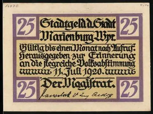 Notgeld Marienburg 1920, 25 Pfennig, Stadtgeld der Stadt Marienburg Wpr. zur Erinnerung an die Volksabstimmung am 11.07.