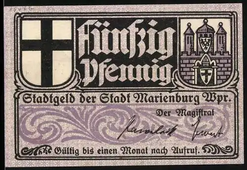 Notgeld Marienburg, 50 Pfennig, Stadtgeld mit Gebäudemotiv und Zitat von Heinrich von Treitschke