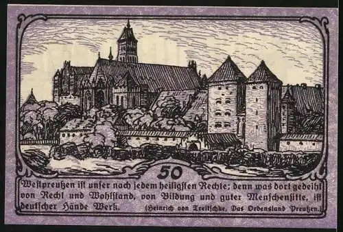 Notgeld Marienburg, 50 Pfennig, Stadtgeld mit Gebäudemotiv und Zitat von Heinrich von Treitschke