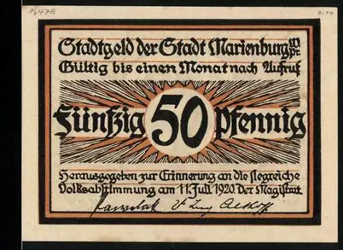 Notgeld Marienburg 1920, 50 Pfennig, Stadtgeld der Stadt Marienburg, zwei Glocken und Gebäude