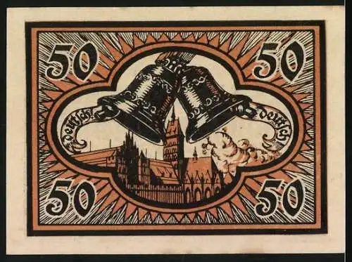 Notgeld Marienburg 1920, 50 Pfennig, Stadtgeld der Stadt Marienburg, zwei Glocken und Gebäude