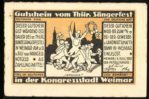 Notgeld Weimar, 1921, 10 Pfennig, Gutschein vom Thüringer Sängerfest mit Stadtblick und Liszt-Haus