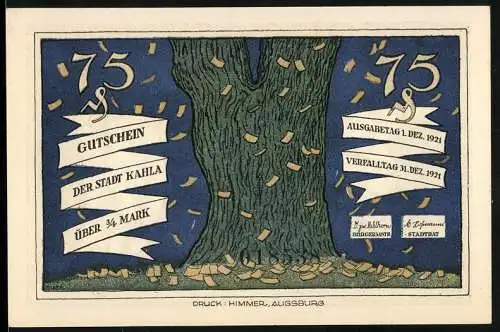 Notgeld Kahla 1921, 75 Pfennig, Baum mit fallenden Blättern, Bogenschütze und gefesselter Mann