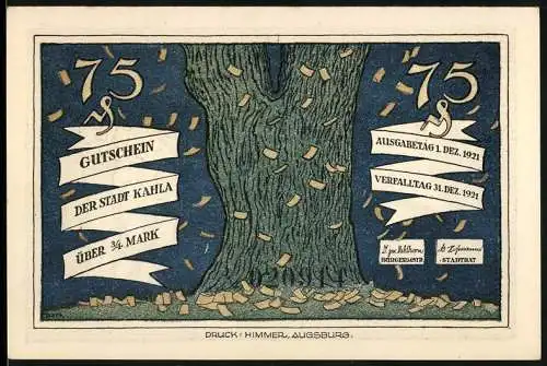 Notgeld Kahla 1921, über 3 /4 Mark, Baum mit fallenden Blättern, Rückseite Karikatur Der Deutsche Merkur