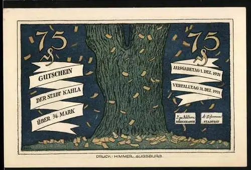 Notgeld Kahla, 1921, 75 Pfennig, Gutschein über ¾ Mark, Einigkeit macht stark