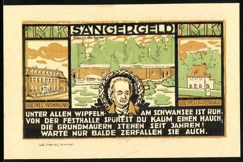 Notgeld Weimar, 1921, 1 Mark, Thüringer Sängerfest, Goethe-Motive und Festhalle