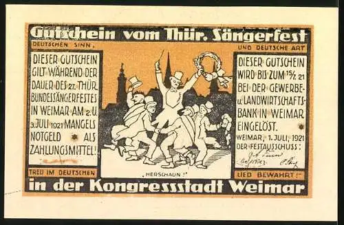 Notgeld Weimar, 1921, 1 Mark, Thüringer Sängerfest, Goethe-Motive und Festhalle