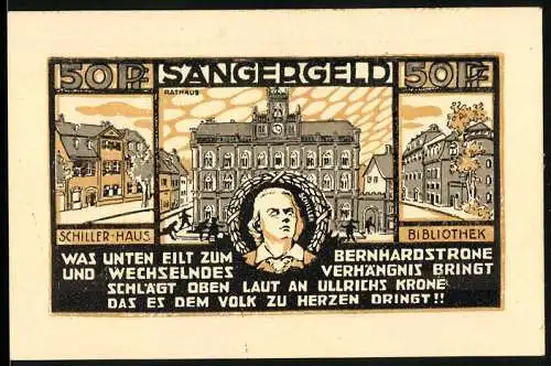 Notgeld Weimar 1921, 50 Pfennig, Thüringer Bundessängerfest, Rathaus und Schiller-Haus