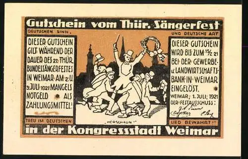 Notgeld Weimar 1921, 50 Pfennig, Thüringer Bundessängerfest, Rathaus und Schiller-Haus