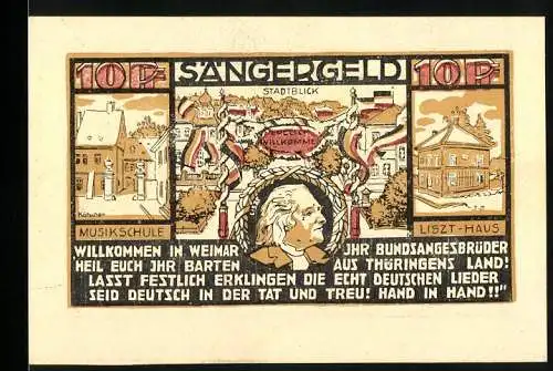 Notgeld Weimar 1921, 10 Pfennig, Sängerfest mit Musikschule und Liszt-Haus