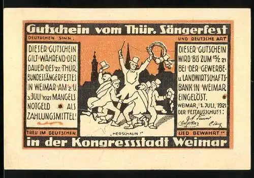 Notgeld Weimar 1921, 25 Pfennig, Thüringer Sängerfest Gutschein mit Nationaltheater und Altem Schloss