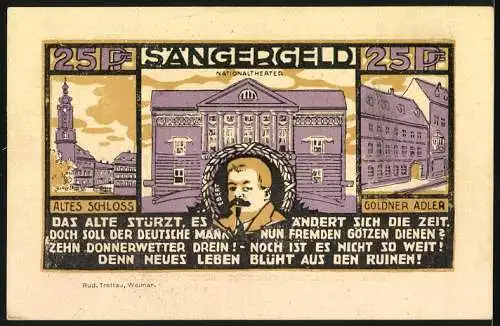 Notgeld Weimar 1921, 25 Pfennig, Thüringer Sängerfest Gutschein mit Nationaltheater und Altem Schloss