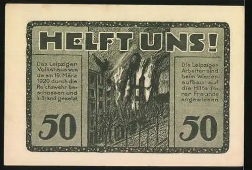 Notgeld Leipzig, 1922, 50 Pfennig, Volkshaus Gutschein mit Gebäude und Helft uns! Aufruf