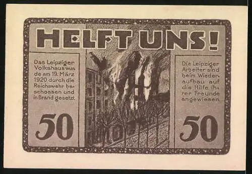 Notgeld Leipzig 1922, 50 Pfennig, Volkshaus im Vordergrund und brennendes Gebäude auf Rückseite