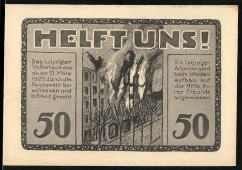 Notgeld Leipzig, 1920, 50 Pfennig, Darstellung des brennenden Volkshauses und des wiederaufgebauten Gebäudes
