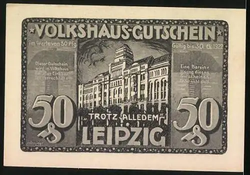 Notgeld Leipzig, 1920, 50 Pfennig, Darstellung des brennenden Volkshauses und des wiederaufgebauten Gebäudes