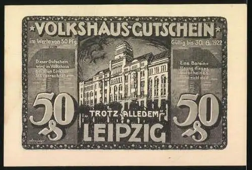 Notgeld Leipzig 1920, 50 Pfennig, Volkshaus in Brand, Bitte um Hilfe und Wiederaufbau