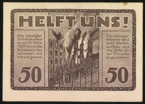 Notgeld Leipzig, 1922, 50 Pfg, Volkshaus-Gutschein Trotz Alledem und Helft Uns!