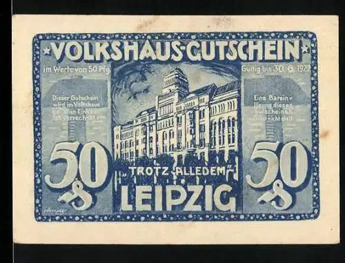 Notgeld Leipzig, 1922, 50 Pfennig, Volkshaus-Gutschein mit Gebäudeabbildung und Feuerillustration