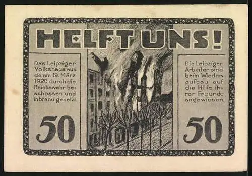 Notgeld Leipzig, 1922, 50 Pfennig, Volkshaus-Gutschein mit Gebäudeabbildung und Feuerillustration