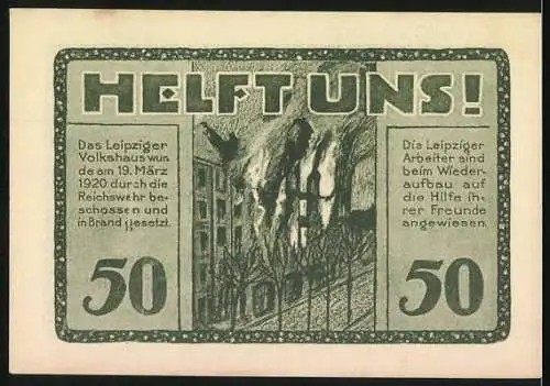 Notgeld Leipzig, 1922, 50 Pfennig, Volkshaus-Gutschein, Gebäudeabbildung und Brandhilfe-Aufruf