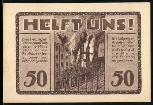 Notgeld Leipzig, 1922, 50 Pfennig, Volkshausgutschein mit Abbildung des Volkshauses und Hinweis auf Anschlag