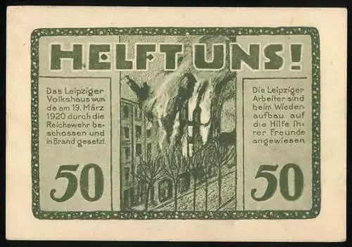 Notgeld Leipzig 1922, 50 Pfennig, Volkshaus brennend und Gebäudeansicht