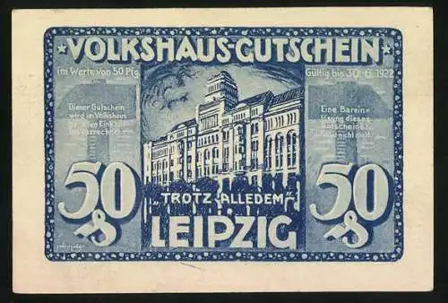 Notgeld Leipzig 1922, 50 Pfennig, Volkshaus brennend und Gebäudeansicht