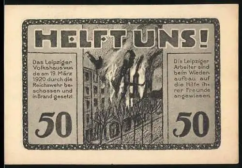 Notgeld Leipzig, 1920, 50 Pfennig, Helft uns! und Volkshaus-Gutschein Trotz alledem