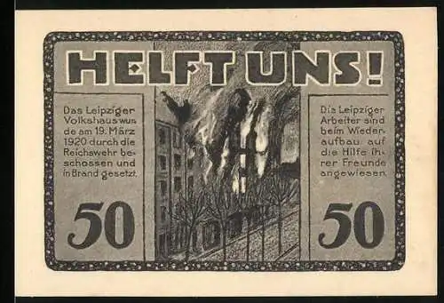 Notgeld Leipzig 1922, 50 Pfennig, Helft uns! Trotz Alledem, Volkshaus-Gutschein, Gültig bis 30.6.1922