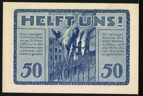 Notgeld Leipzig, 1922, 50 Pfennig, Volkshaus-Gutschein mit Gebäude und Aufruf zur Unterstützung