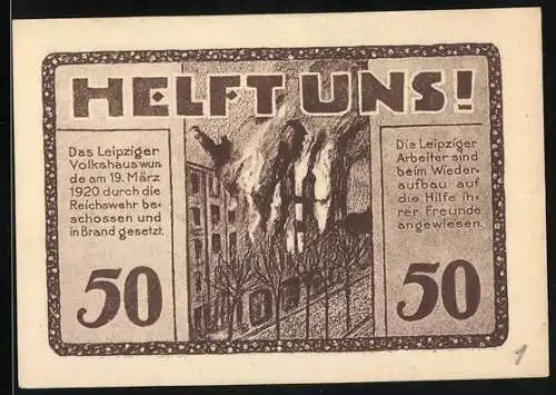 Notgeld Leipzig, 1920, 50 Pfennig, Volkshaus-Gutschein mit Abbildung des brennenden Leipziger Volkshauses