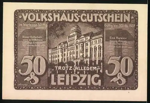 Notgeld Leipzig, 1920, 50 Pfennig, Volkshaus-Gutschein, Helft uns! mit Abbildungen vom brennenden Volkshaus und Gebäude