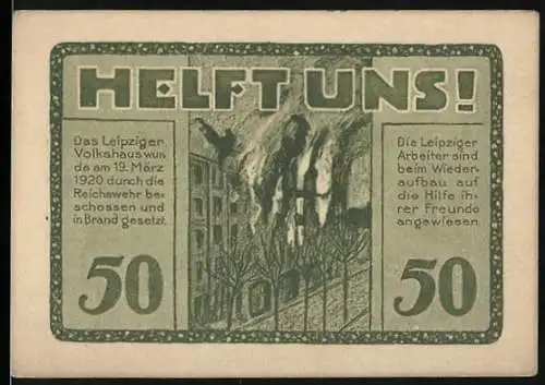 Notgeld Leipzig, 1920, 50 Pfennig, Volkshaus in Flammen und Gebäudeansicht