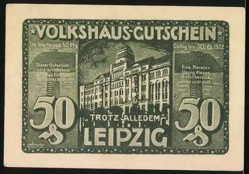 Notgeld Leipzig, 1920, 50 Pfennig, Volkshaus in Flammen und Gebäudeansicht