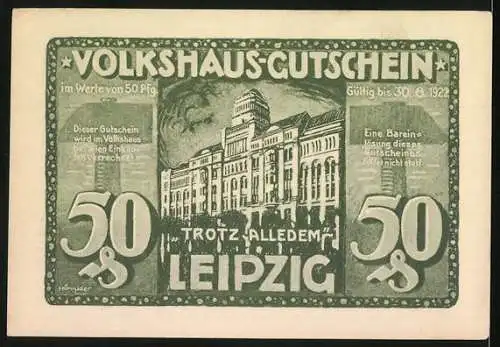 Notgeld Leipzig, 1920, 50 Pfennig, Volkshaus-Gutschein mit brennendem Gebäude und Hilferuf