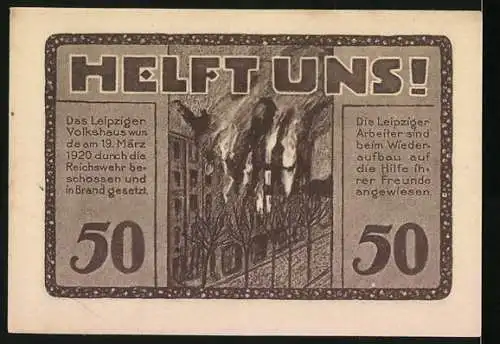 Notgeld Leipzig, 1922, 50 Pfennig, Volkshaus-Gutschein trotz Brandanschlag am 19. März 1920