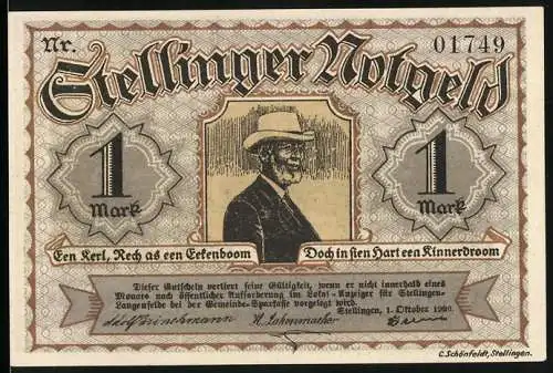 Notgeld Stellingen, 1920, 1 Mark, Mann mit Hut und Tierpark-Eingang
