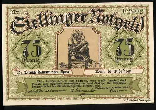 Notgeld Stellingen, 1920, 75 Pfennig, Affe und Löwenillustration, Text in plattdeutscher Mundart