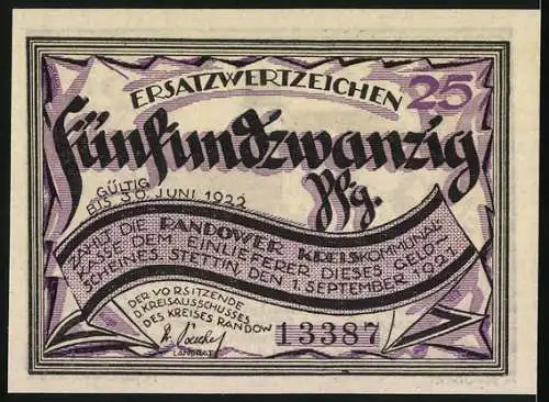 Notgeld Stettin-Randow 1921, 25 Pfennig, Uraltes Schloss Penkun und Gültigkeit bis 30. Juni 1922