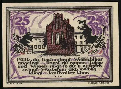 Notgeld Stettin-Randow, 1921, 25 Pfennig, Kapelle mit Inschrift und Ersatzwertzeichen