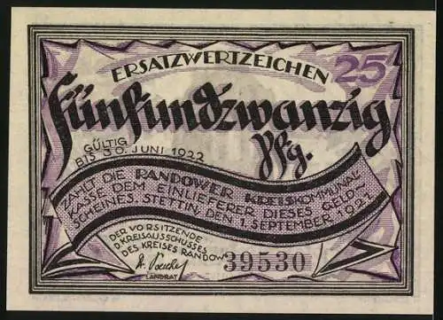 Notgeld Stettin-Randow, 1921, 25 Pfennig, Kapelle mit Inschrift und Ersatzwertzeichen