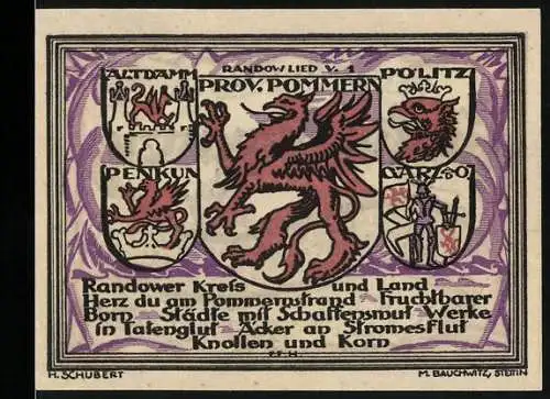 Notgeld Stettin-Randow, 1921, 25 Pfennig, Provinz Pommern mit Wappen und Inschriften auf der Vorderseite