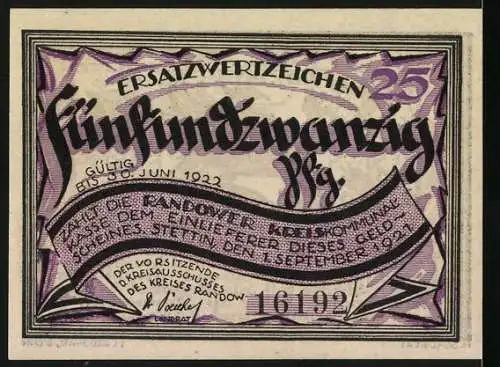 Notgeld Stettin-Randow, 1921, 25 Pfennig, Provinz Pommern mit Wappen und Inschriften auf der Vorderseite