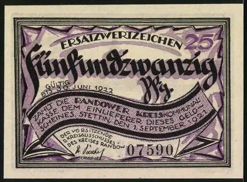 Notgeld Stettin-Randow, 1921, 25 Pfennig, Alt-Damm Stadtansicht mit Kirche und Rathhaus, Gültig bis 30. Juni 1922