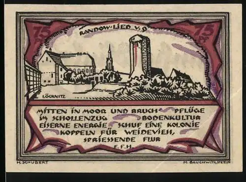 Notgeld Stettin-Randow 1921, 75 Pfennig, Rotes Design mit Stadtansicht und Text über Landwirtschaft