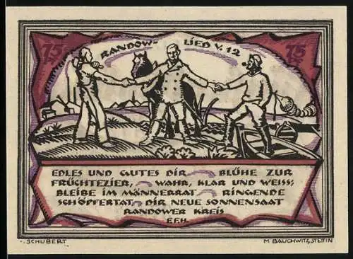 Notgeld Stettin-Randow 1921, 75 Pfennig, Bauern bei der Arbeit und Gedicht, gültig bis 30. Juni 1922