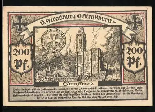 Notgeld Berlin 1922, 200 Pf, Abbildung der Strassburger Kathedrale, Ordensrat im Verband Nationalgesinnter Soldaten