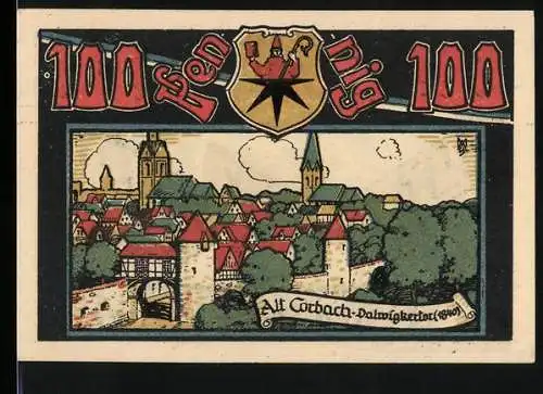 Notgeld Corbach, 1921, 100 Pfennig, Alt Corbach-Dalwigktor und Gutschein des Sportvereins 1909